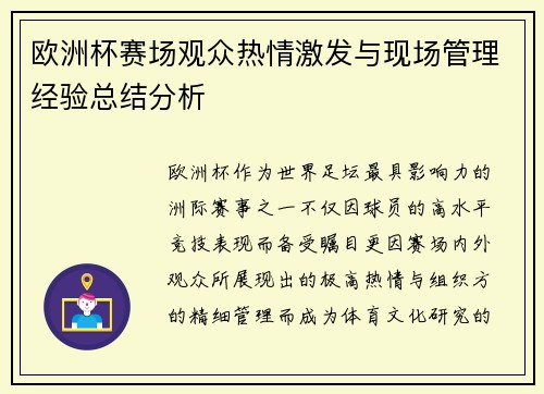 欧洲杯赛场观众热情激发与现场管理经验总结分析